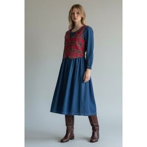 VTG Denim Jean Red Tartan Plaid Vest Dress Western Cotton Tie Back Medium Petite